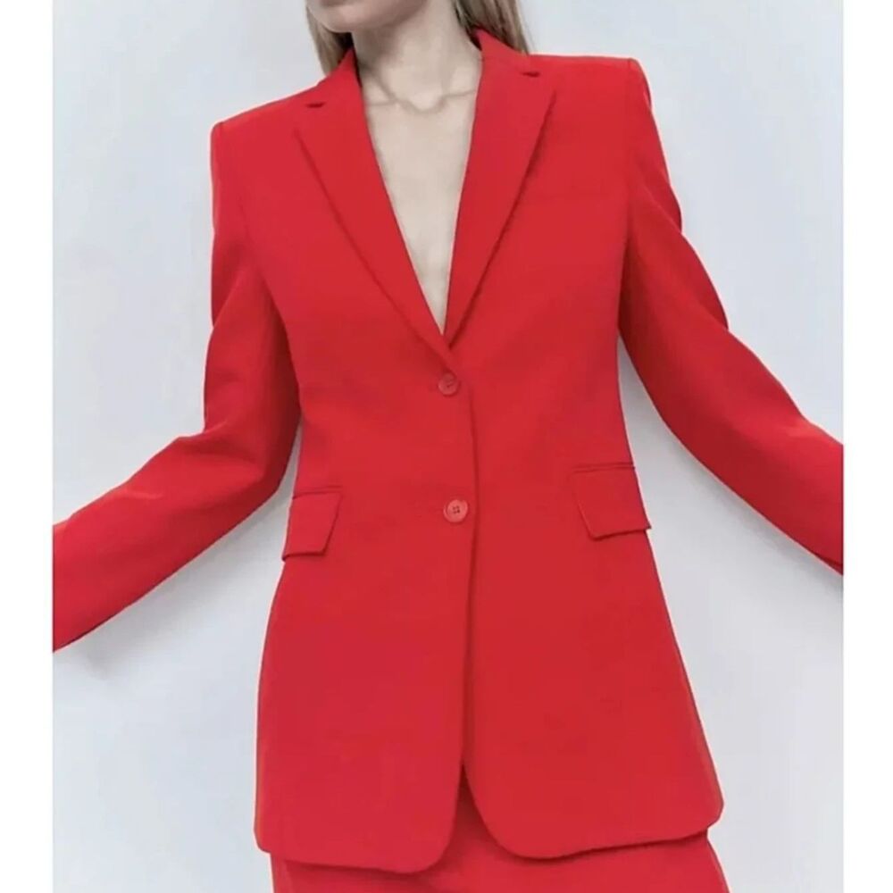 Zara Bright Red Structured Blazer Dress Jacket Work Light Coat Sz M